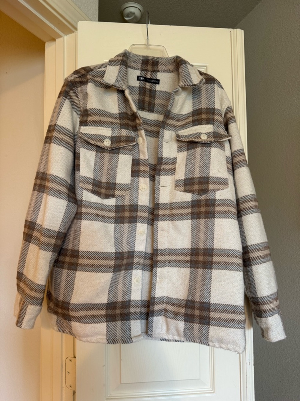 Zara Cream and Brown Plaid Wool-blend Shacket